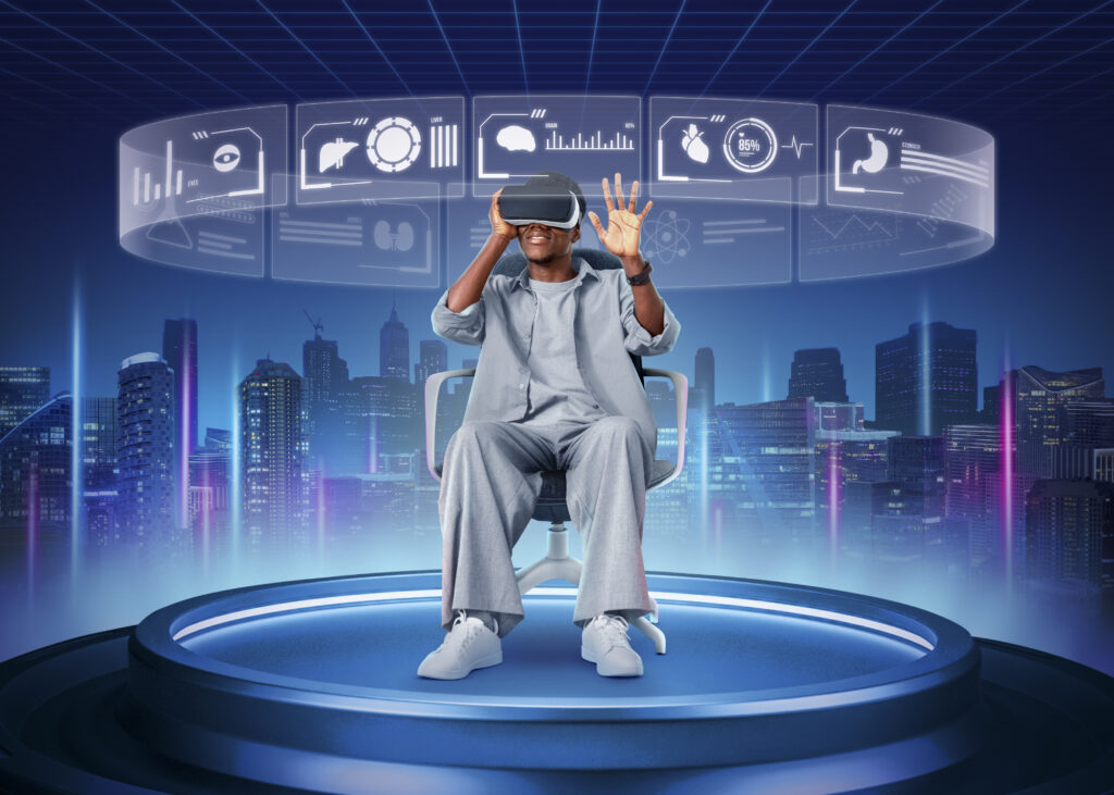 full shot man experiencing virtual reality